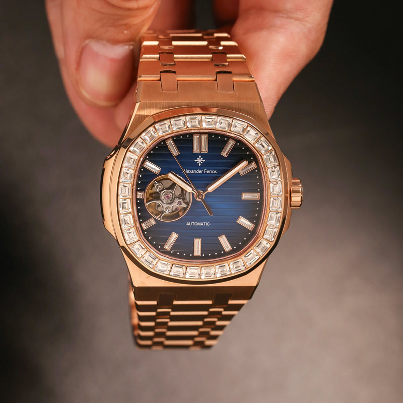 Đồng Hồ Nam Alexander Ferros 6091R/05 Xanh Navy Viền Đá Lộ Cơ - Ảnh 8