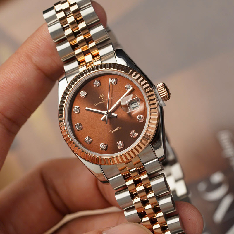 Đồng Hồ Nữ Alexander Ferros 8222D/08 Cao Cấp Viền Khía Nâu Đính Đá - Ảnh 2