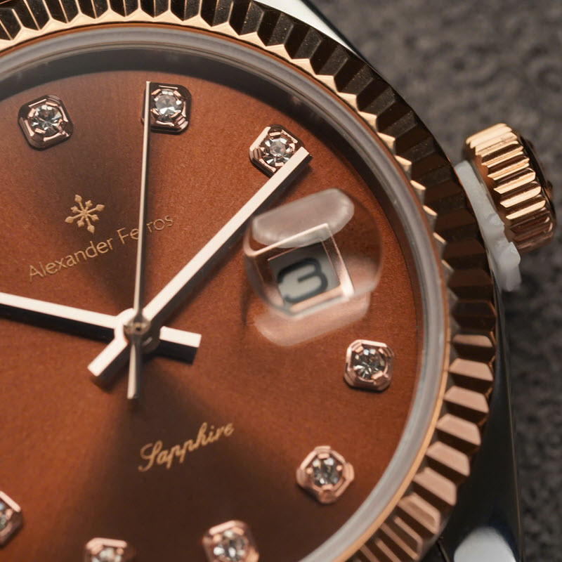 Đồng Hồ Nữ Alexander Ferros 8222D/08 Cao Cấp Viền Khía Nâu Đính Đá - Ảnh 3