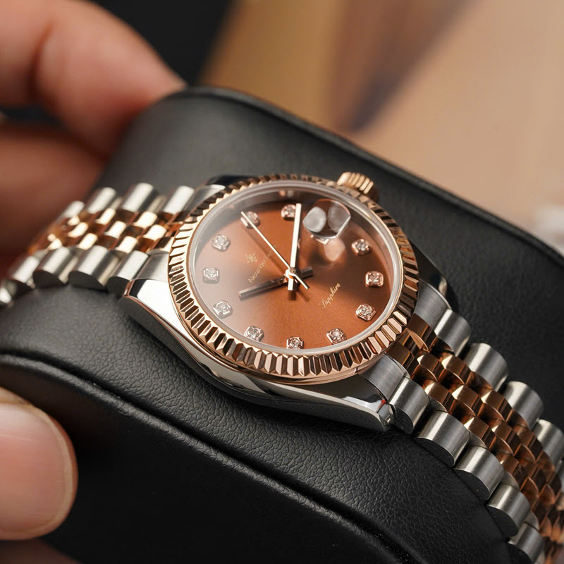 Đồng Hồ Nữ Alexander Ferros 8222D/08 Cao Cấp Viền Khía Nâu Đính Đá - Ảnh 8